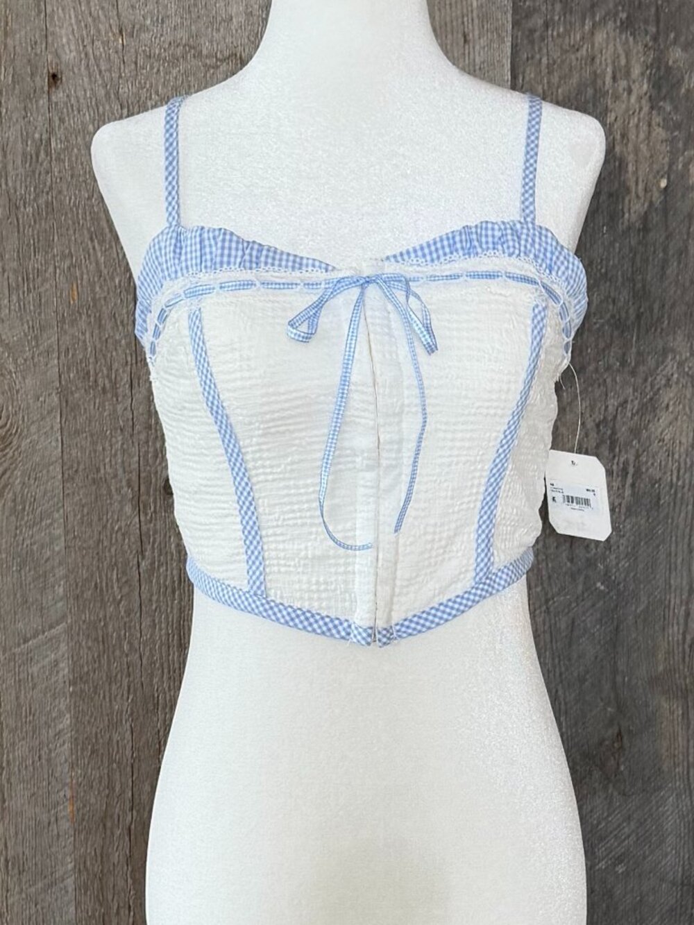 Altar'd State White and Baby Blue Gingham Crop Corset Tank Top Size S